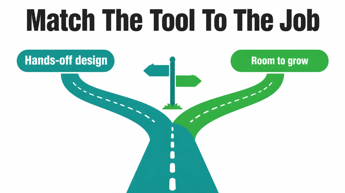 A road forking into two paths at a signpost, one labelled hands-off design and the other labelled room to grow.