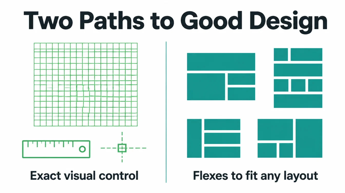 Infographic comparing a precise pixel grid for exact visual control with flexible modular blocks that fit any layout.