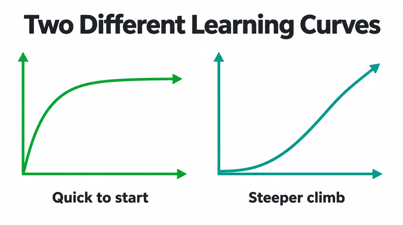 Two line charts side by side comparing a quick-to-start learning curve with a steeper, slower climb.