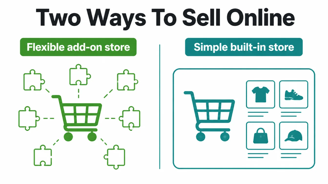 Infographic contrasting a flexible add-on store built from plugins with a simple built-in store with a fixed product grid.
