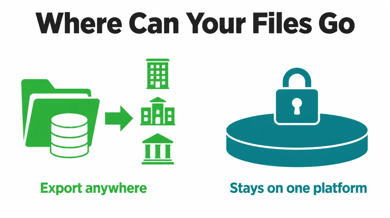 Infographic contrasting files and a database that export anywhere with a padlocked platform that keeps your site inside