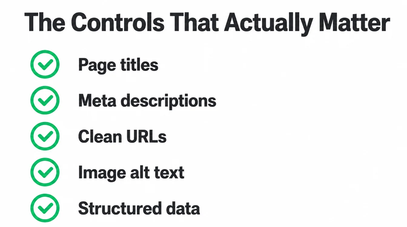 Checklist infographic listing the SEO controls that actually matter: page titles, meta descriptions, clean URLs