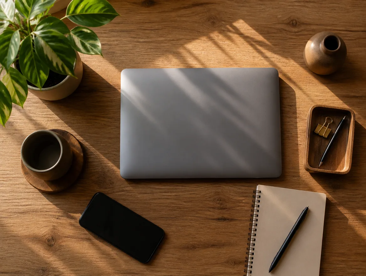 A tidy workspace flat-lay with a closed laptop, a plant, and a notepad.