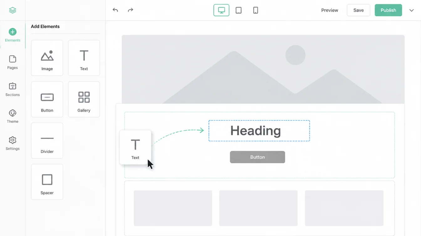 A generic visual website builder screen showing a drag and drop canvas with a heading and button being placed.