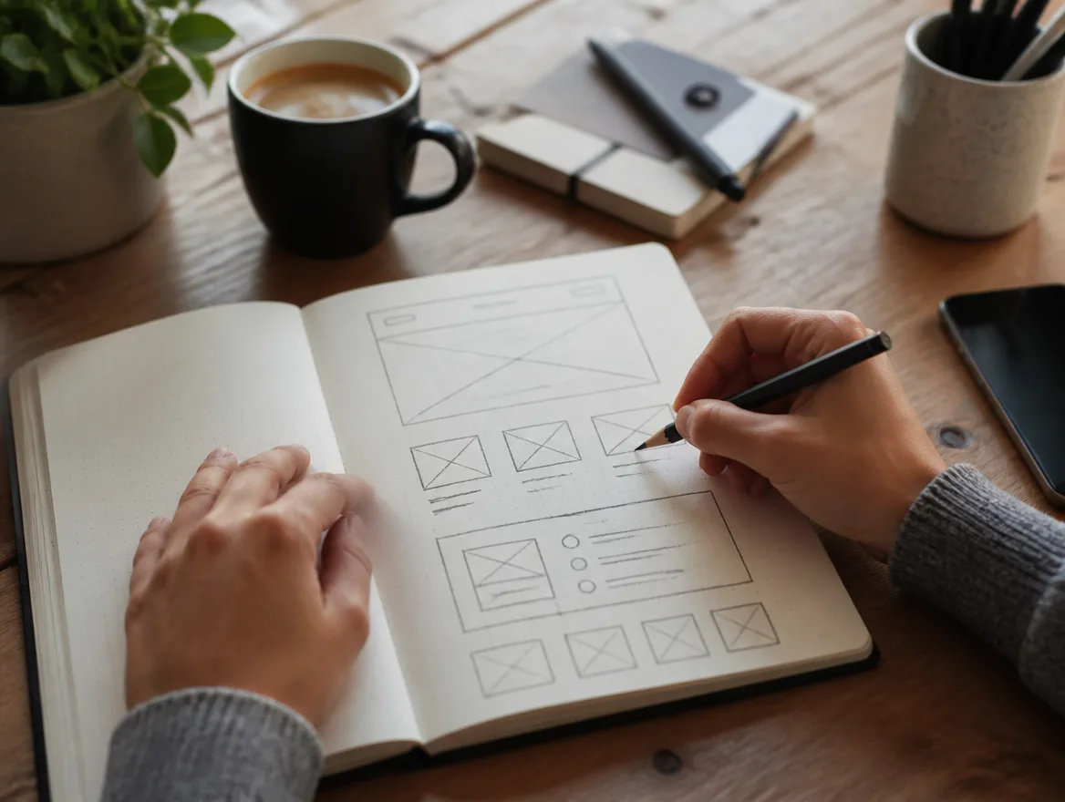 Hands sketching a website wireframe in a notebook on a wooden desk.