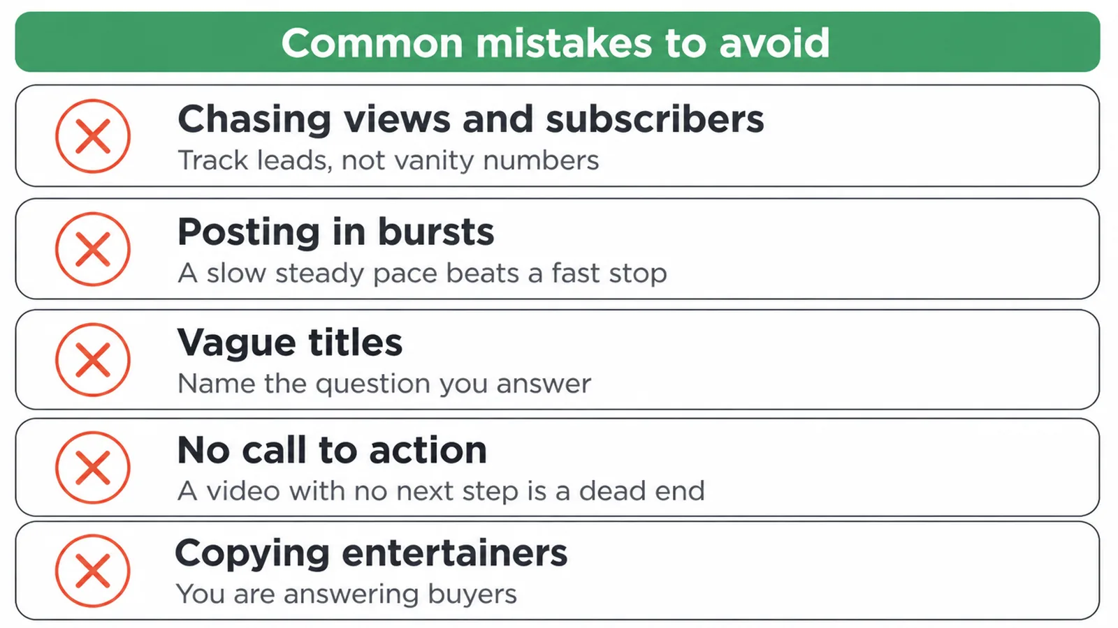 Checklist of five common mistakes to avoid, each marked with a cross
