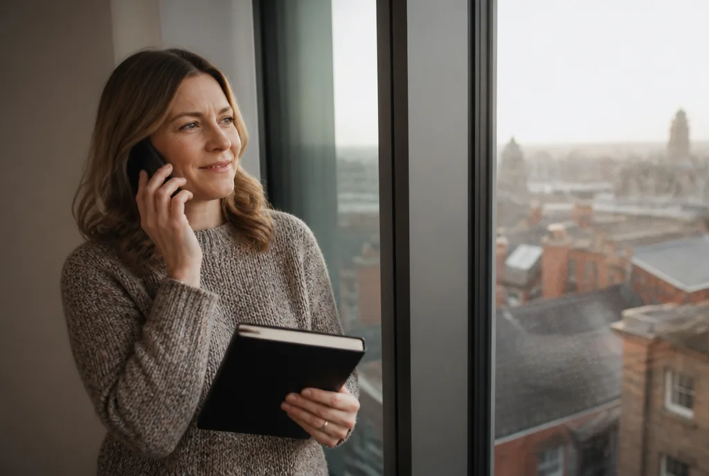 An owner on a phone call by a bright window, notebook in hand