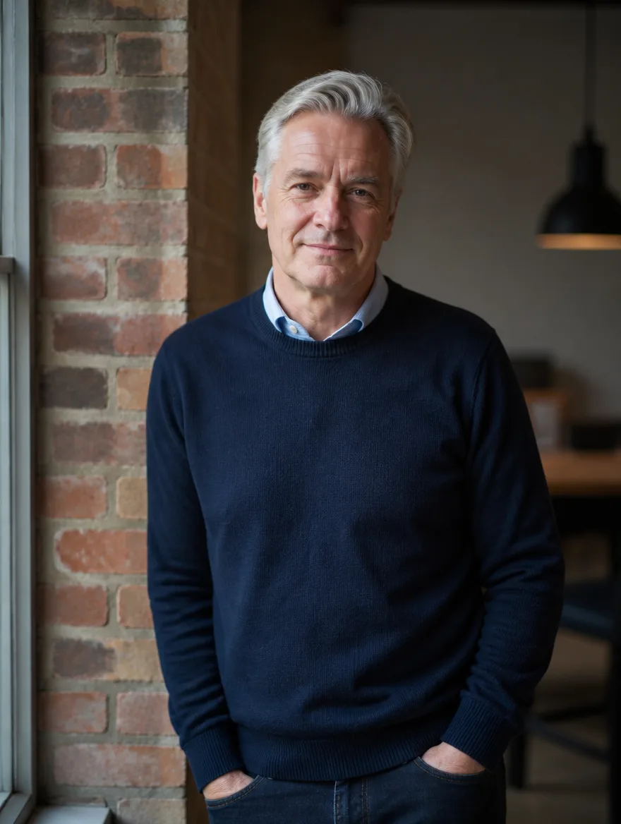 Neil Garside, founder of Fellside Coaching, beside a brick wall in soft window light