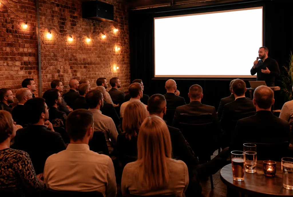 An evening seminar audience in a brick-walled event space