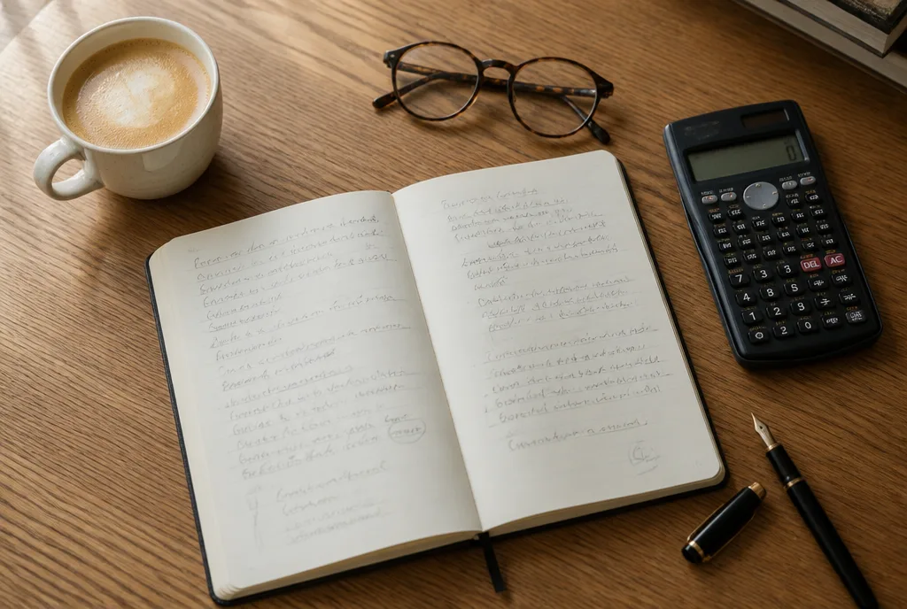 A notebook, calculator and coffee on an oak desk