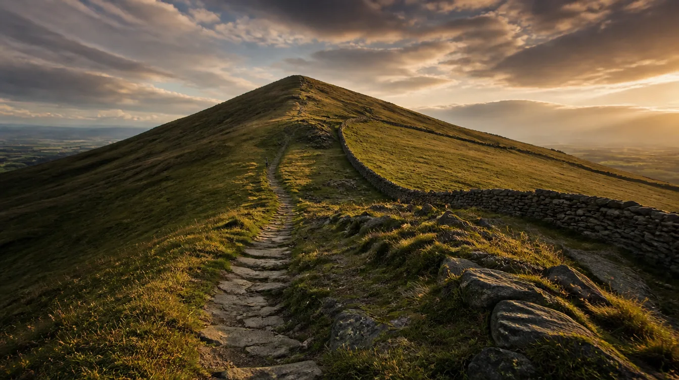A stone footpath climbing a Peak District fell at golden hour