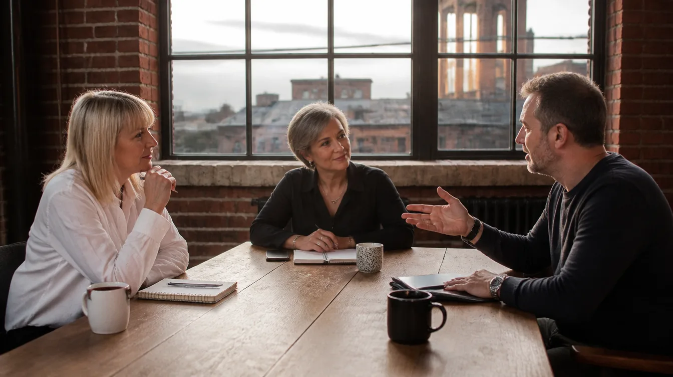 A Fellside coach working with two company owners at the table of a converted mill boardroom in Ancoats