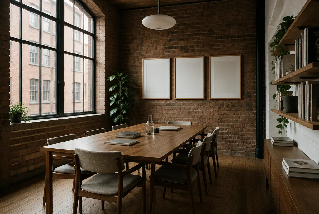 The Fellside studio: oak table, mid-century chairs and exposed brick in a converted mill