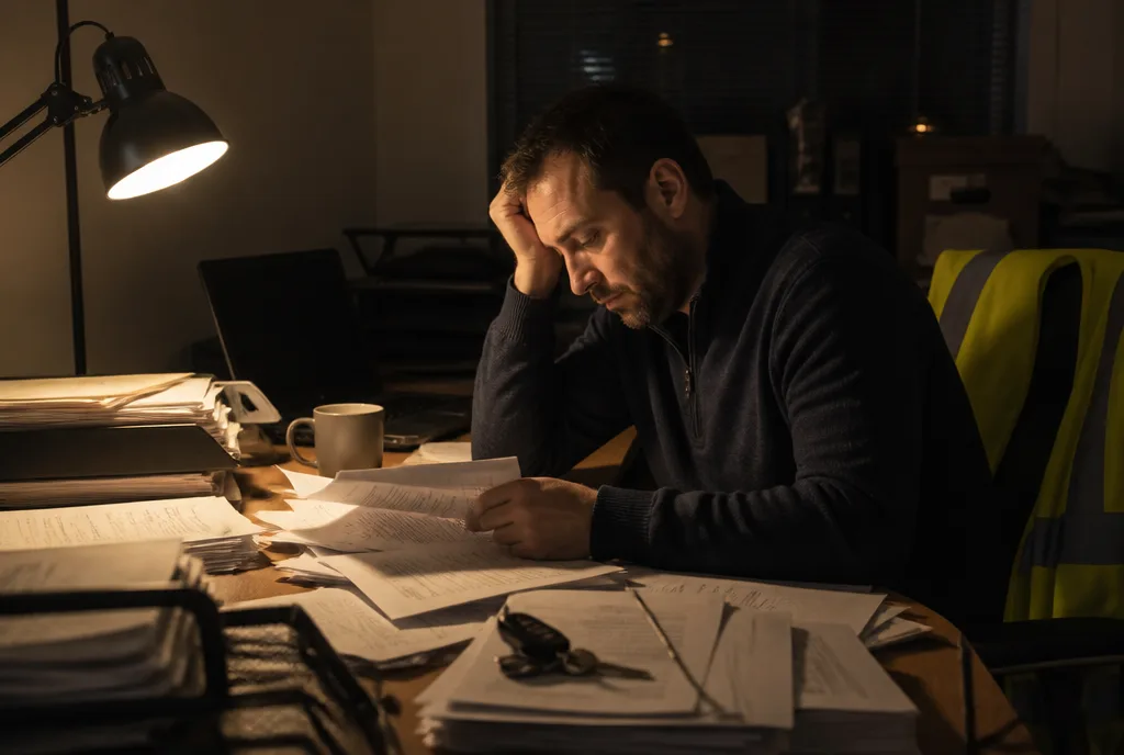 A business owner working alone at a paperwork-covered desk late in the evening