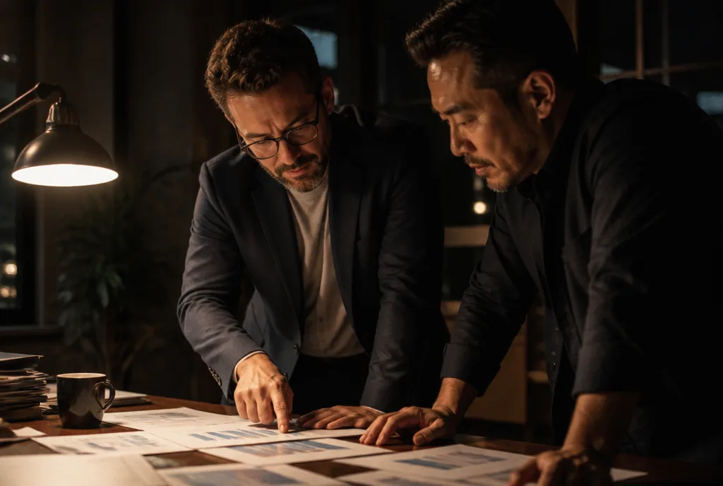 A coach and an owner reviewing printed charts together under lamp light