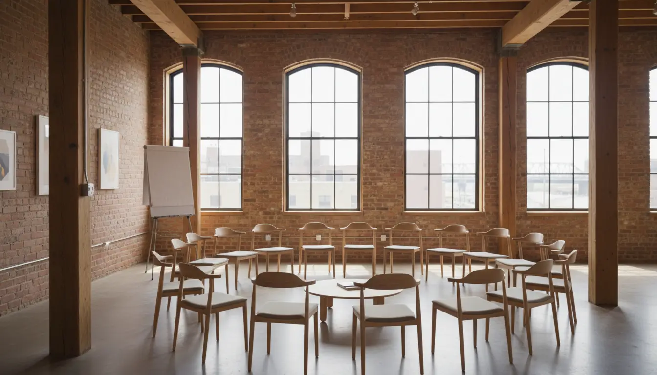 A semicircle of chairs around a low table in a bright loft workshop