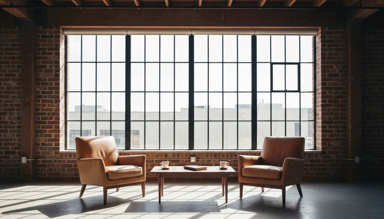 Two leather armchairs by a warehouse window in a Wolcott coaching room