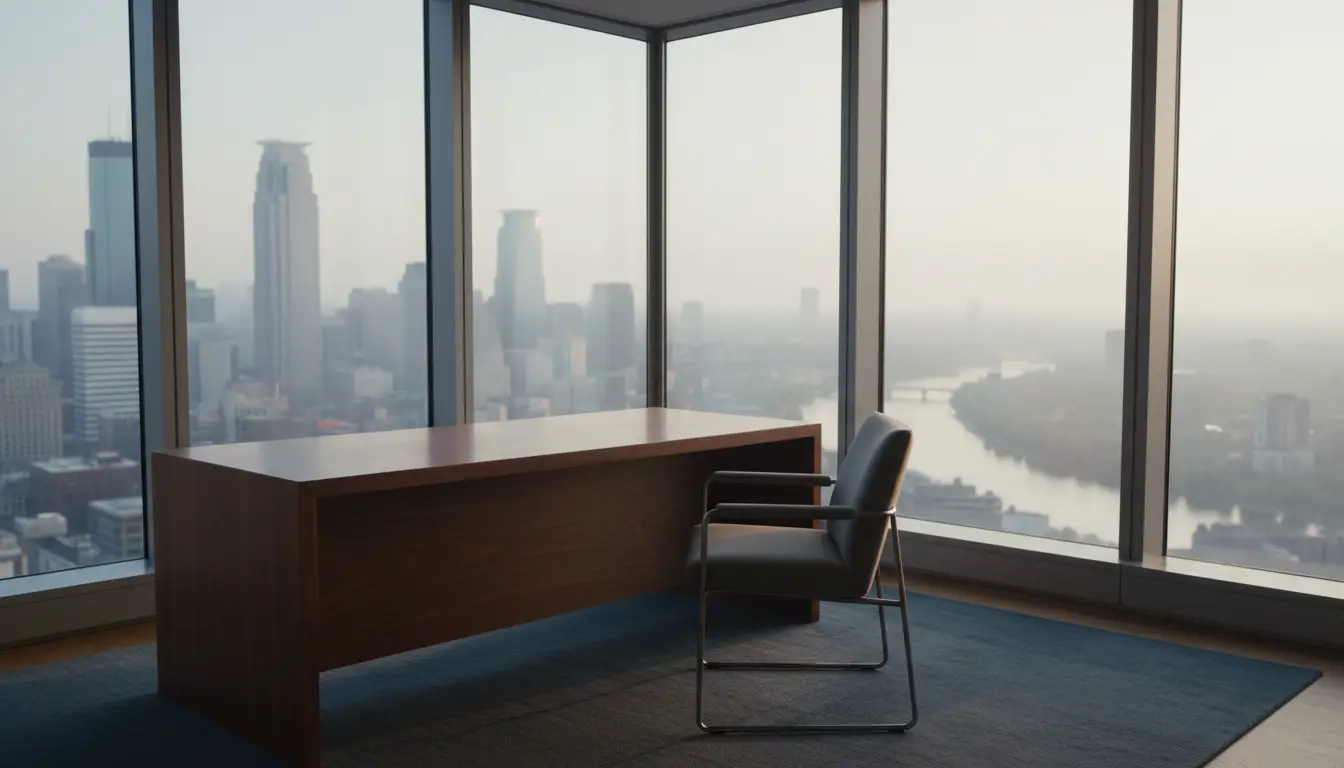 A founder corner office overlooking the Minneapolis skyline