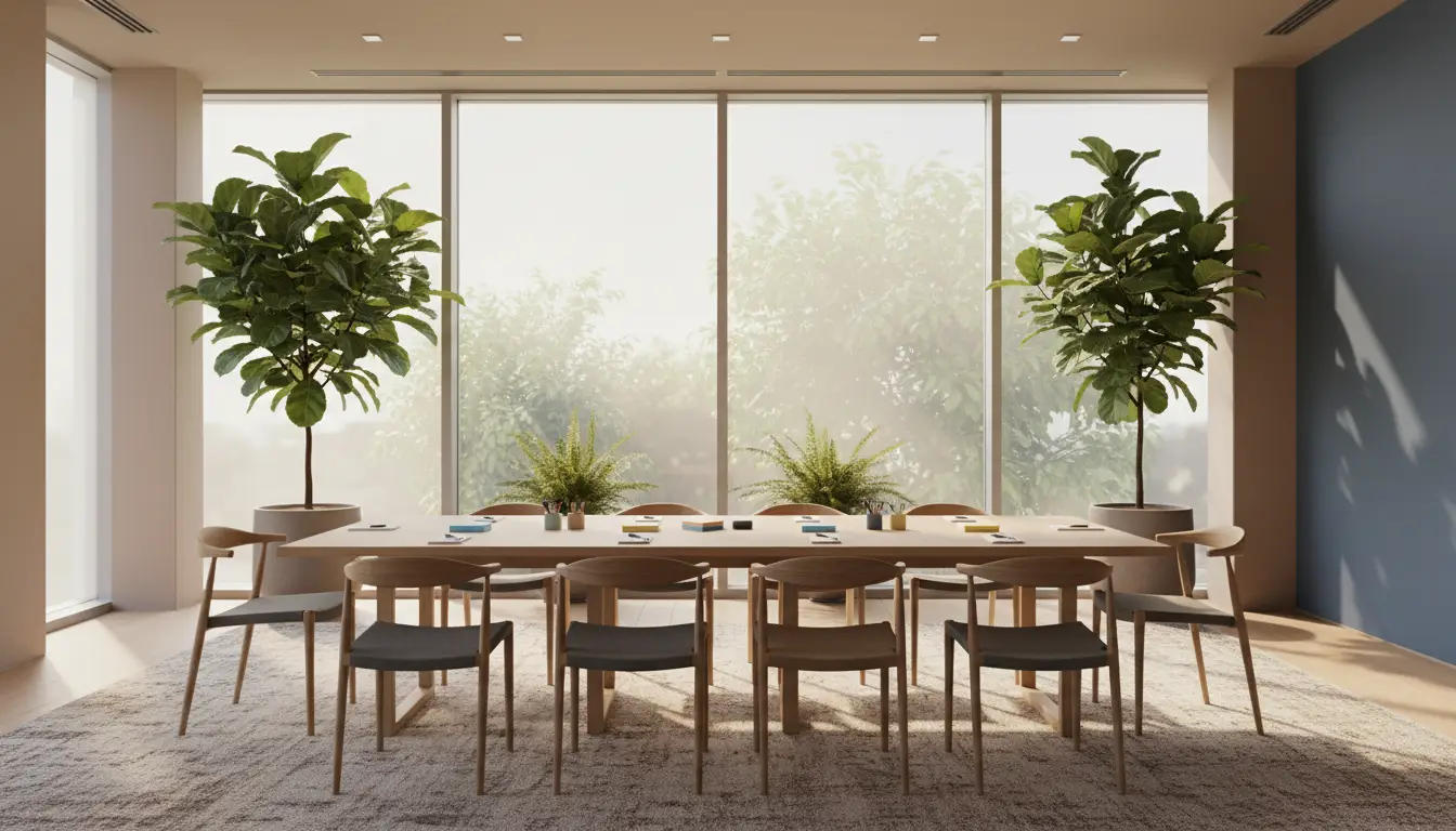 A light-filled offsite room with a wide table and blank sticky-note pads