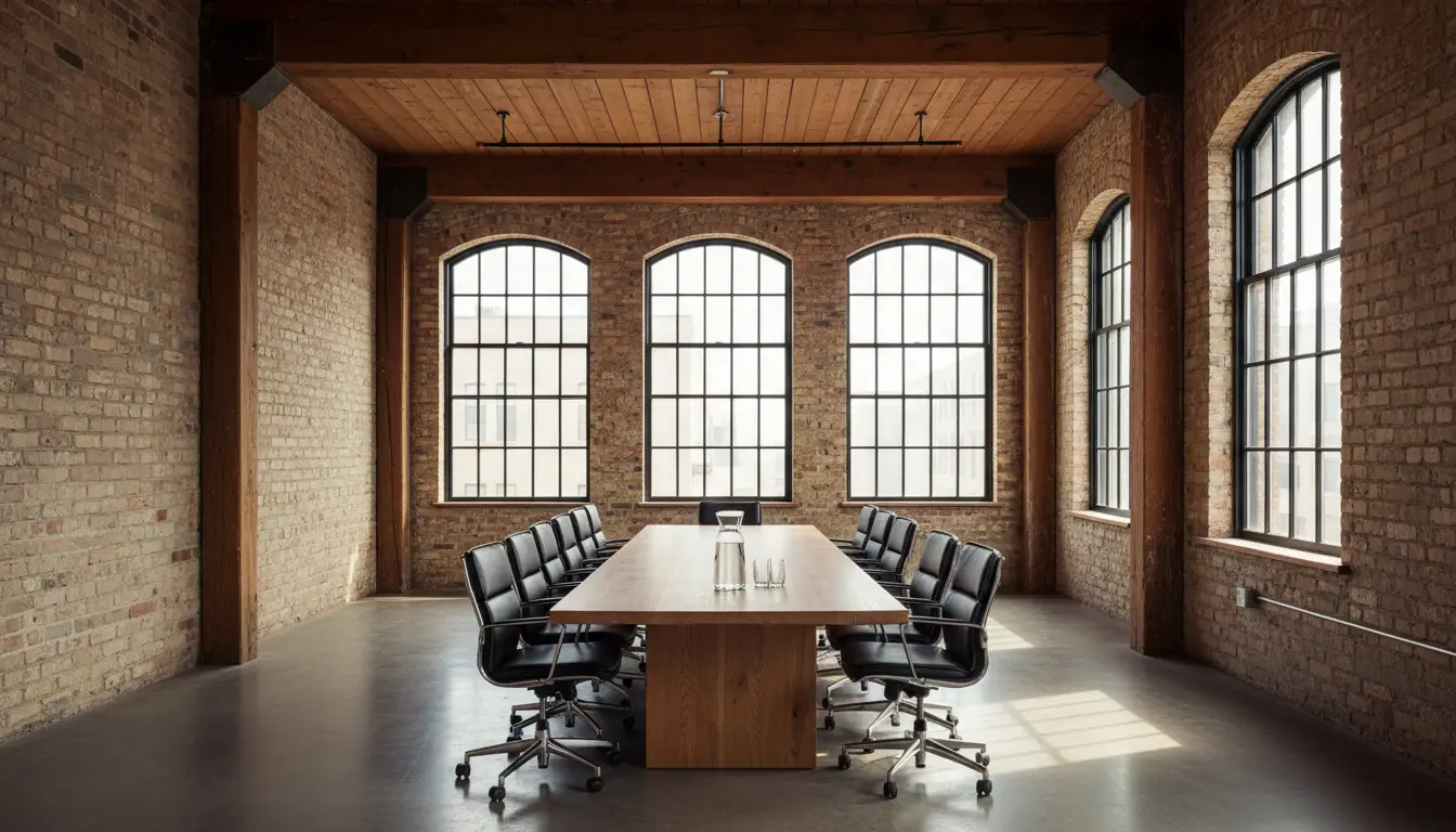 A long oak table ringed by chairs in a brick-and-beam boardroom