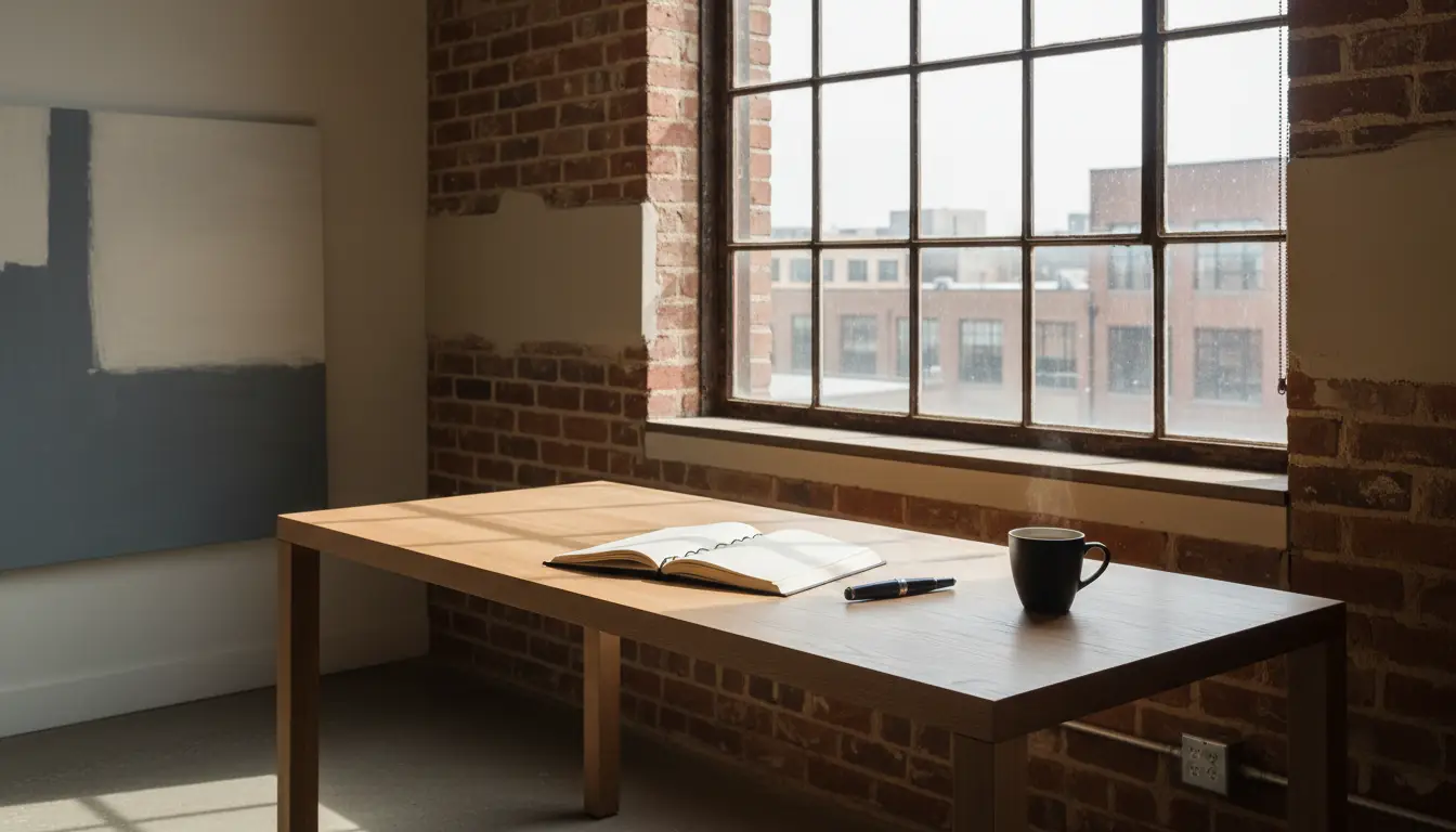 A clean desk with a fresh notebook by a warehouse window