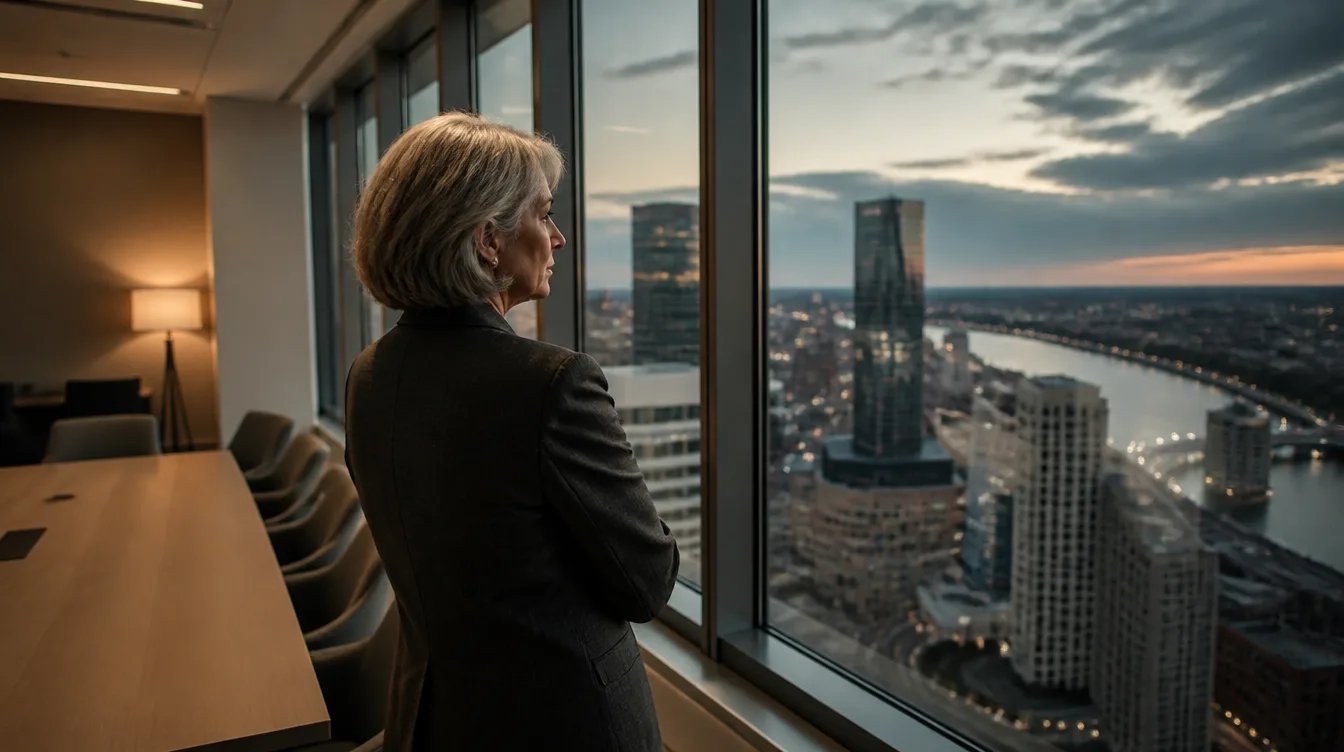 A leader alone at the glass wall of a high-rise conference room over Minneapolis at dusk