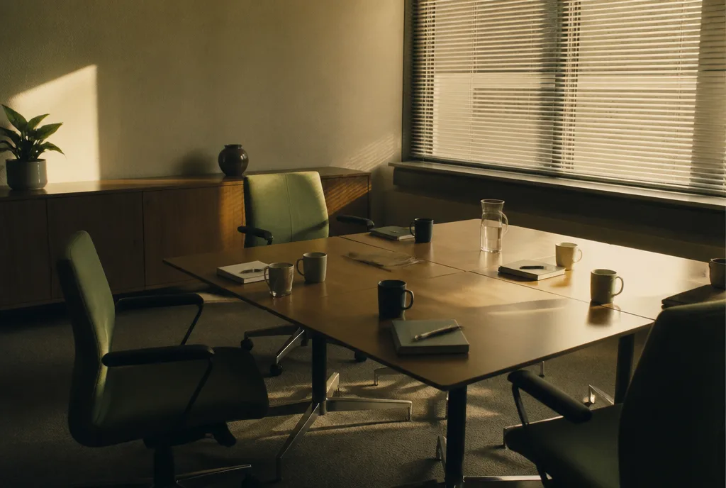 A meeting room just after everyone has left, chairs pushed back
