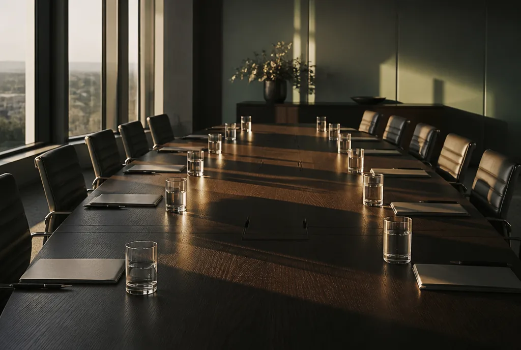 An empty boardroom set for a morning meeting