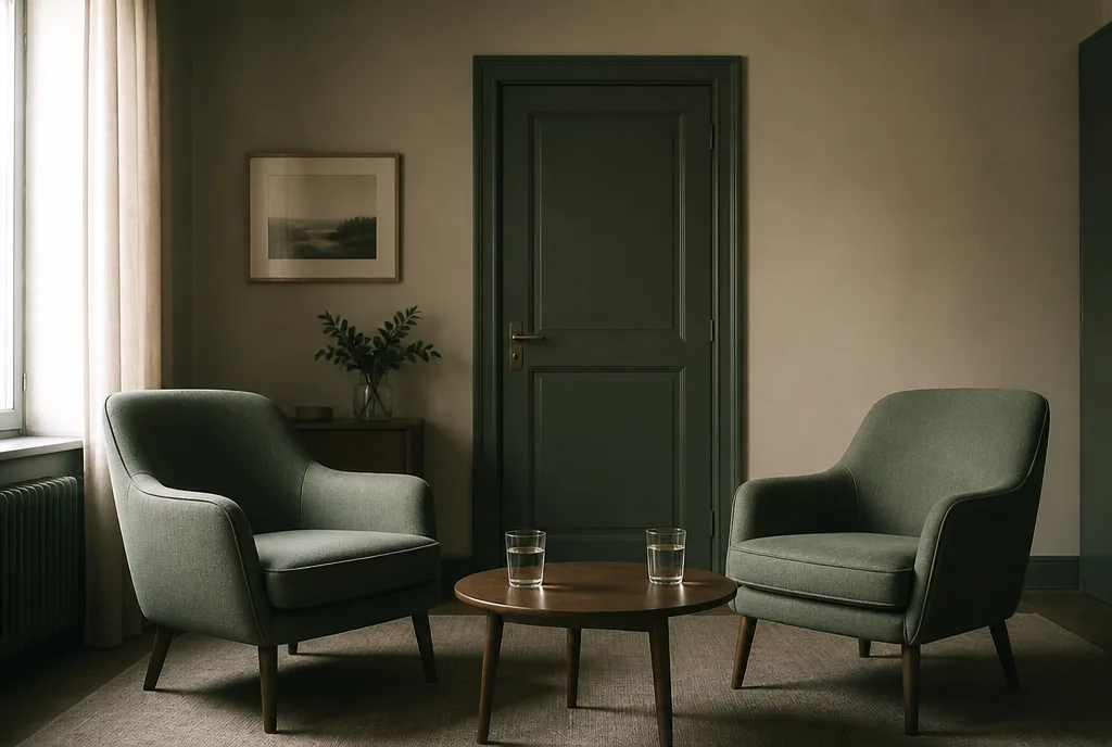 Two empty chairs facing each other in a quiet room