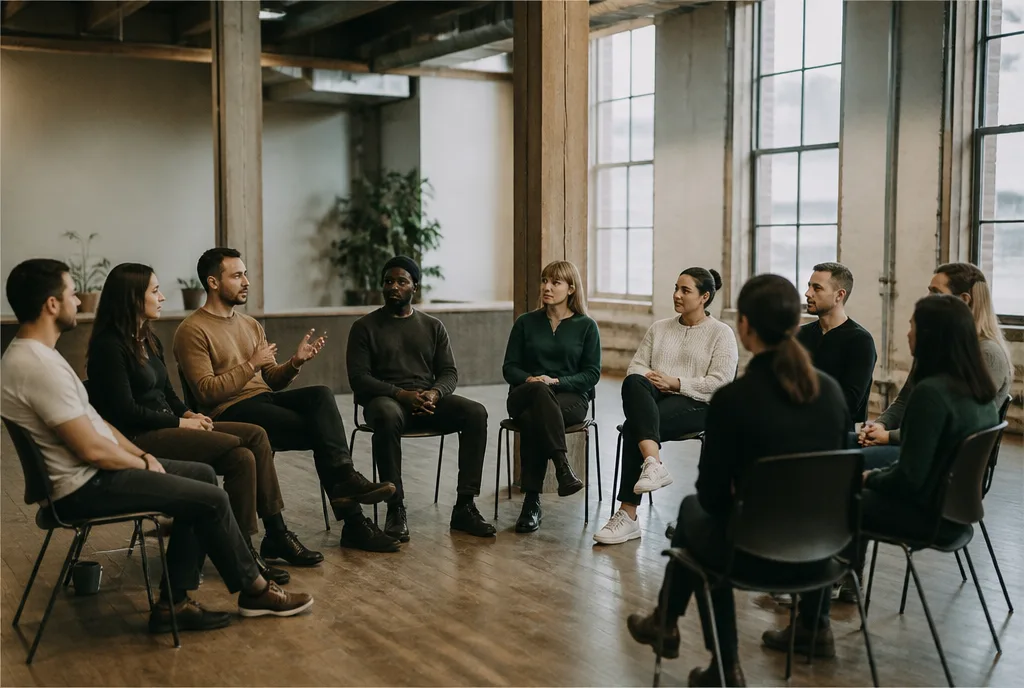 Ten professionals seated in a wide circle of chairs in a cohort session