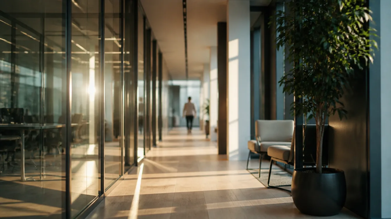 A glass-walled office corridor with late afternoon light raking across it