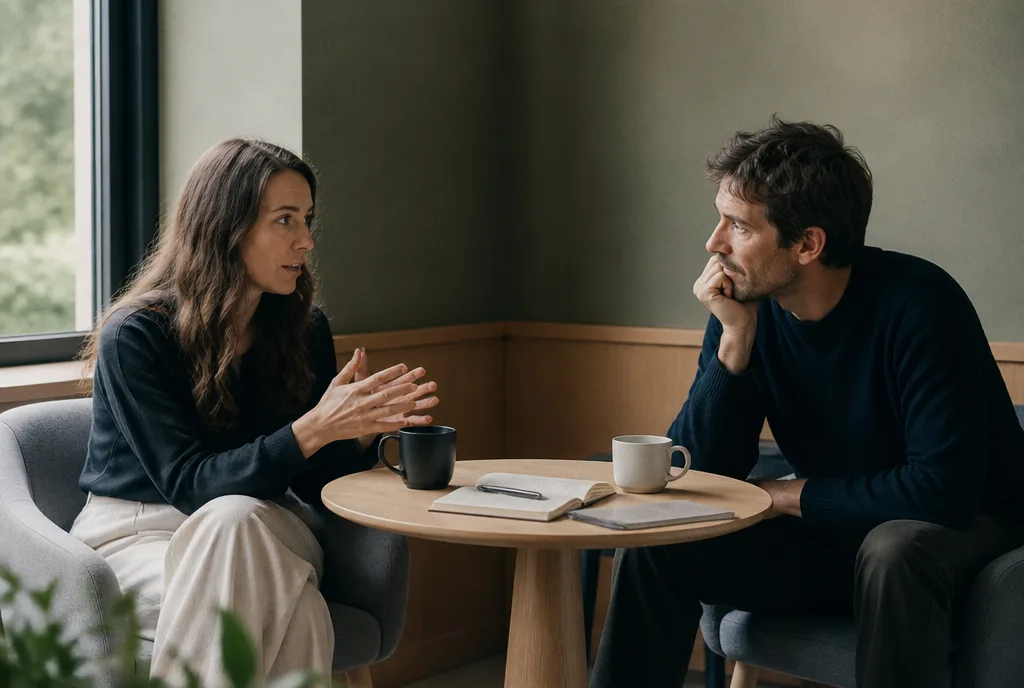 Two people in conversation across a small table