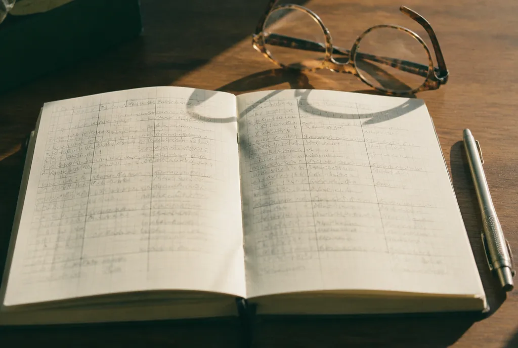 An open paper desk diary on a walnut desk beside a pen and glasses