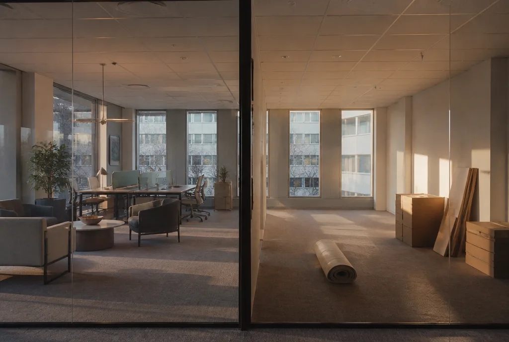 Two office floors seen through a glass partition, one settled and one half-empty