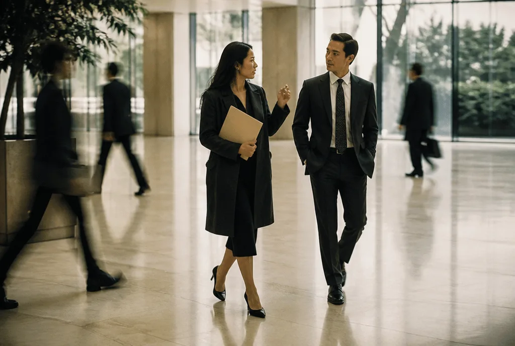 Two colleagues walking and talking through an office lobby