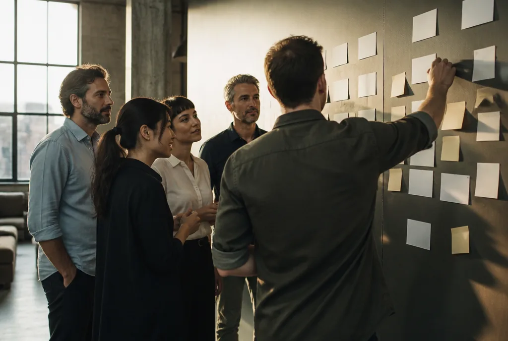 Five people standing at a wall of cards during an offsite working session