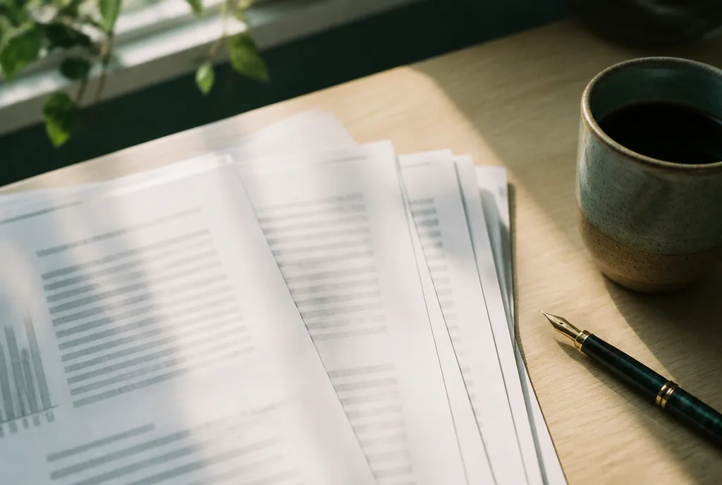 Printed report pages fanned across a desk beside a pen