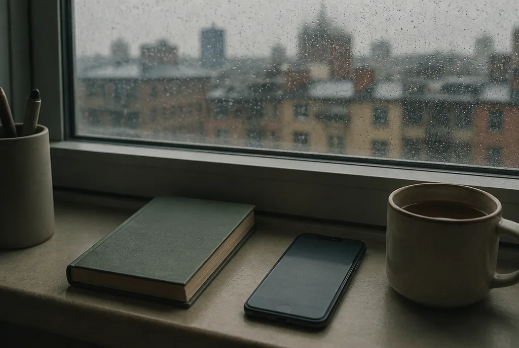 A phone face-down on a windowsill beside a notebook and a cup of tea