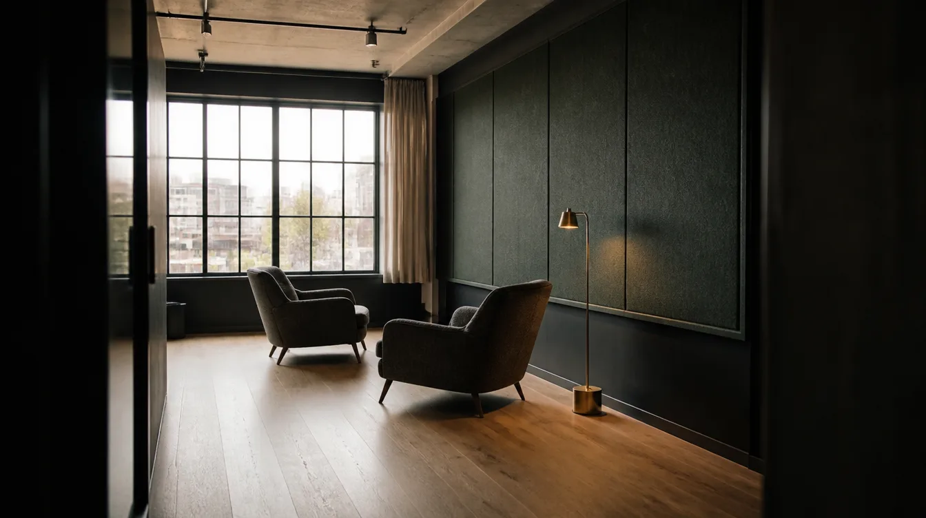 A Wolcott coaching room with two armchairs at a warehouse window