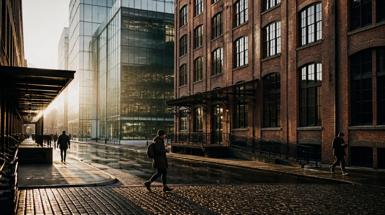 A the North Loop street of brick warehouses and glass offices in the morning