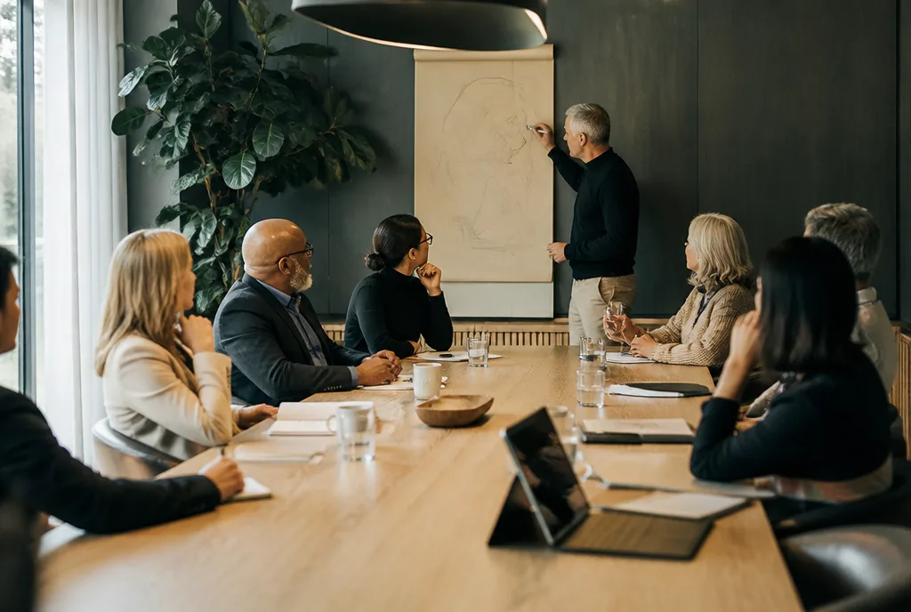 A leadership team session around a long oak table