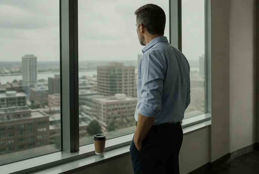 A leader standing alone at an office window