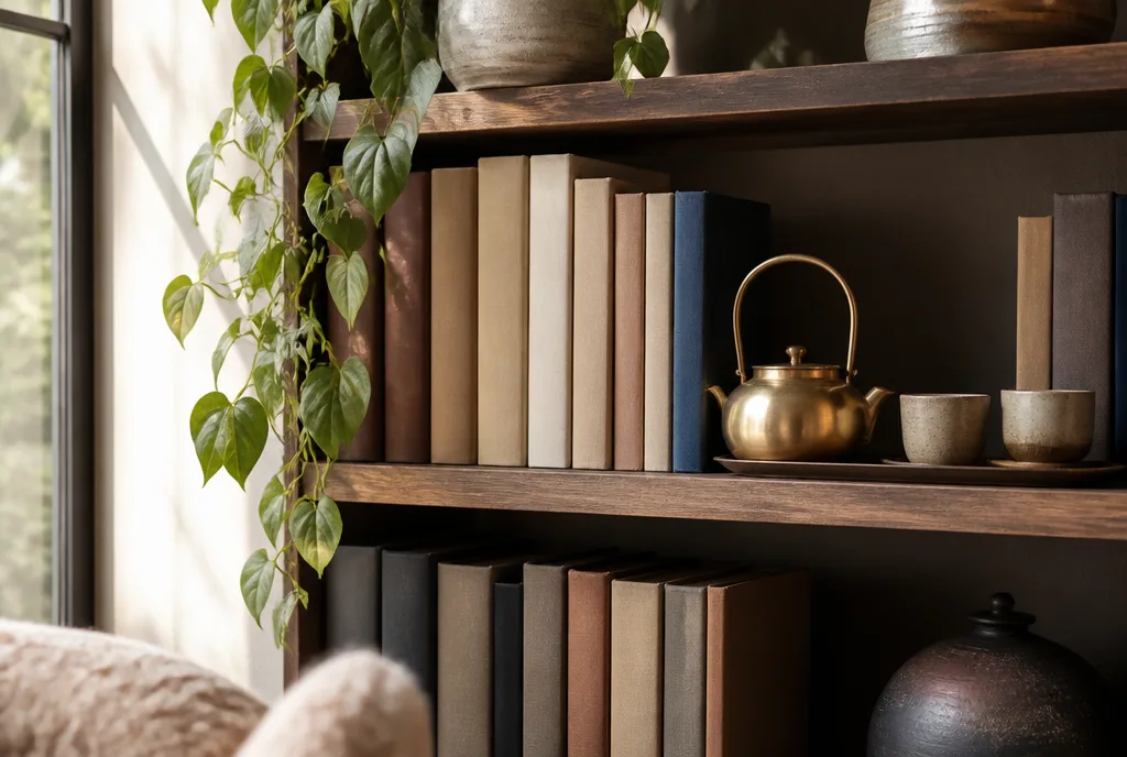 The studio bookshelf corner