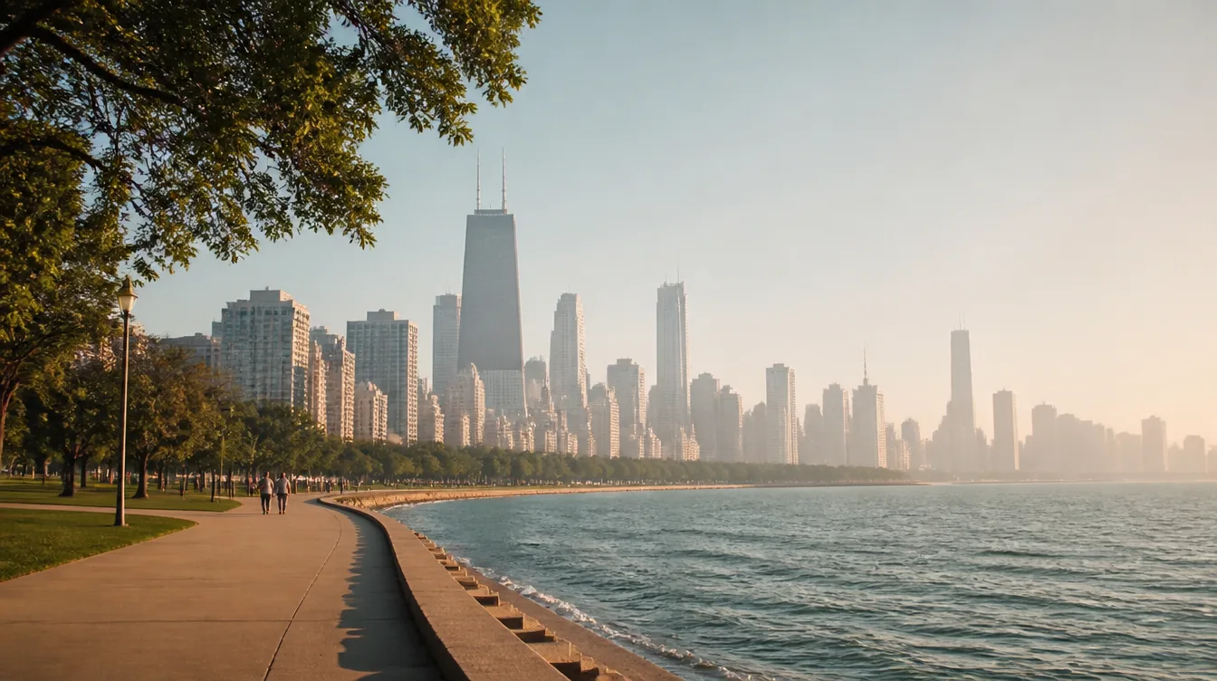 The Chicago skyline on a hazy morning from the lakefront