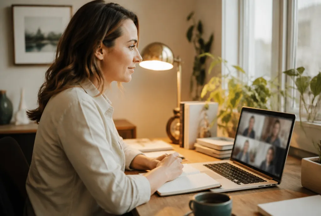 A client in a video coaching session from her home office