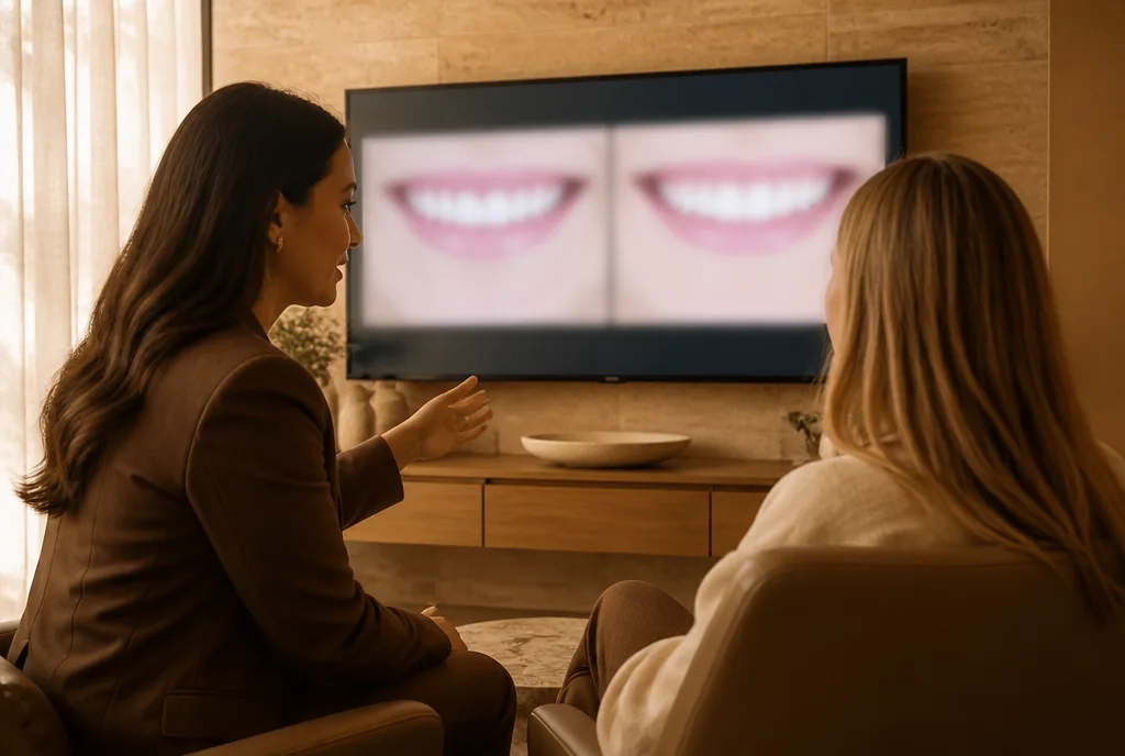 A smile design consultation reviewing photographs on screen