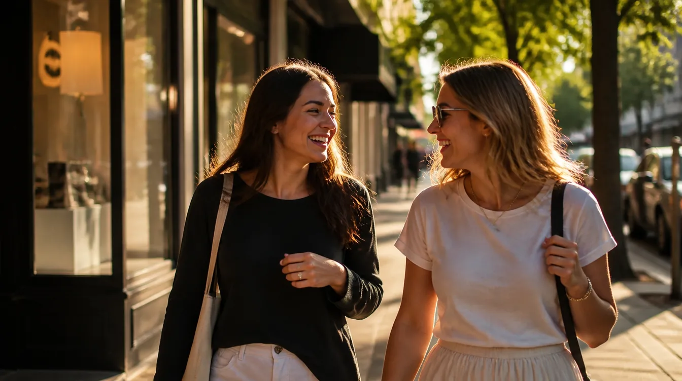 Two friends laughing on High Street, Armadale at golden hour