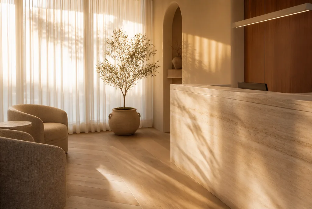Auvera's reception in golden afternoon light — travertine, linen and oak
