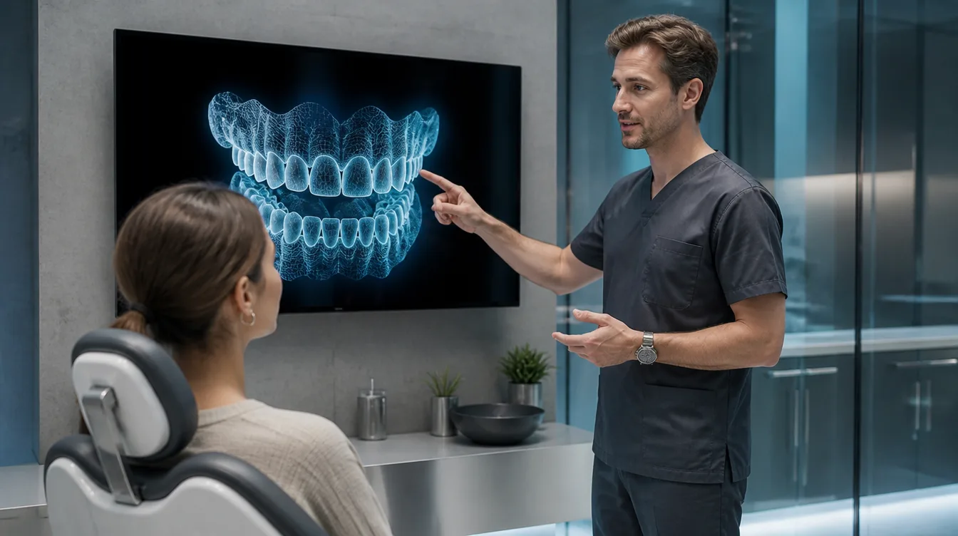 A patient reviewing a 3D scan of their smile on screen with a clinician at Axis Smile Studio