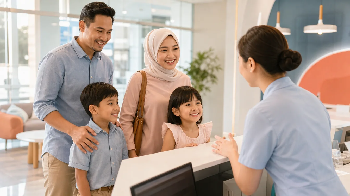 A Malaysian family arriving at the bright Brightside Dental & Kids reception